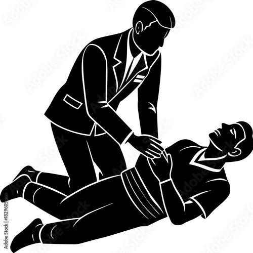 Black silhouette of a person in a suit performing C P R on another person lying down medical emergency