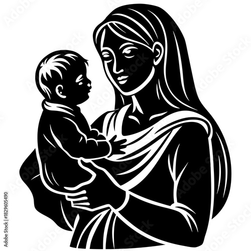 Black silhouette of a mother holding a baby in her arms with flowing hair and draped clothing child