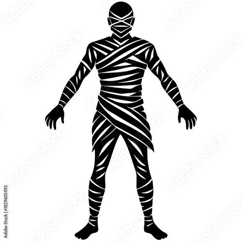 Black silhouette of a mummy wrapped in bandages standing on a white background vector