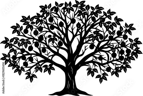 Black silhouette of a fruit tree with round fruits and leaves on a white background vector