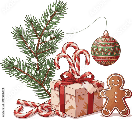 Create a Colorful Christmas setup with wrapped gift, candy canes, pine branch, ornament, and gingerbread figure creates warm holiday vibes and New Year greetings in soft vector art.
