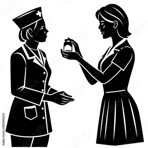 Silhouette of a nurse in uniform handing a small bottle to another person healthcare medical