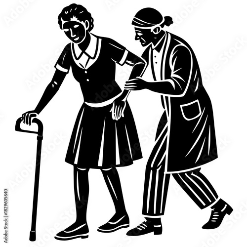 Silhouette of a nurse assisting an elderly woman with a cane helping