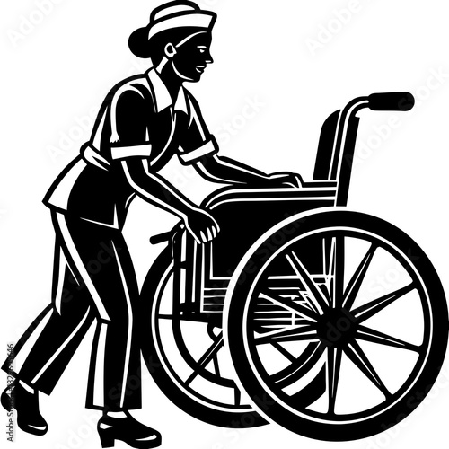 Black and white silhouette illustration of a nurse pushing a wheelchair medical healthcare