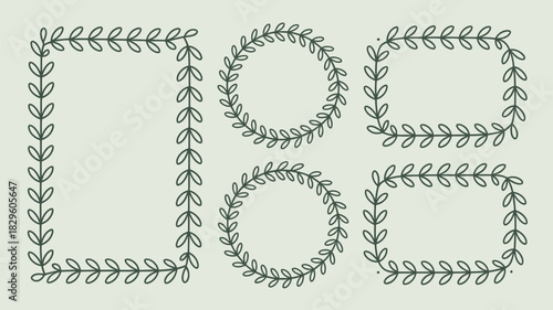 A collection of six botanical frames with leaves in various shapes on a light green background design art