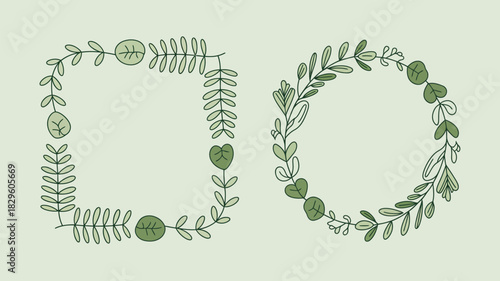 A botanical illustration featuring a square and circular frame made of leaves on a light background