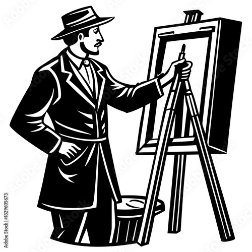 Black and white vector illustration of an artist in a hat painting on an easel painter canvas
