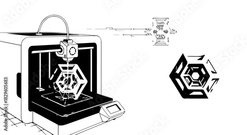 Abstract illustration of a futuristic 3D printer creating a hexagonal emblem with a bold geometric motif.