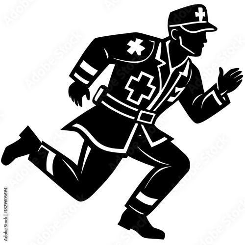 Black silhouette of a paramedic running forward with medical cross emblem black and white