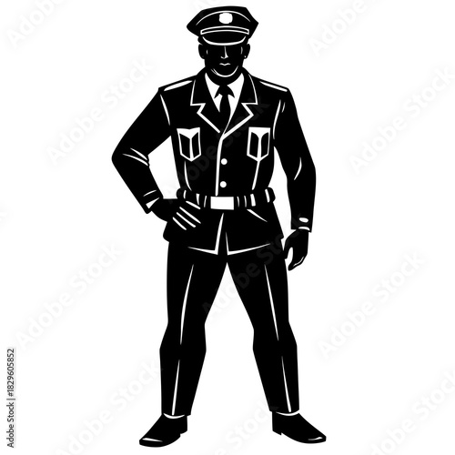 Black and white silhouette vector illustration of a police officer standing with hand on hip law enforcement