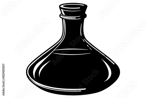 Black silhouette of a glass potion bottle with liquid and cork stopper black and white