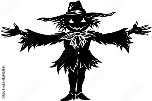Black silhouette of a scarecrow with a pumpkin head and outstretched arms white