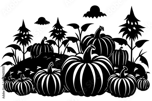 Black silhouette of a pumpkin patch with trees and clouds on a white background black and white autumn