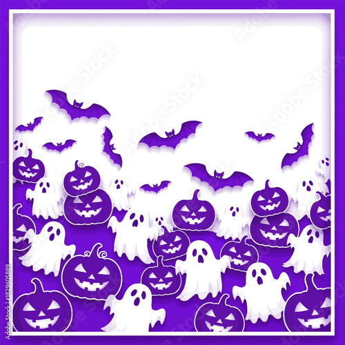 Create a creative Halloween themed display featuring cutout elements of ghosts, bats, and pumpkins on a vibrant purple vector art with white background..