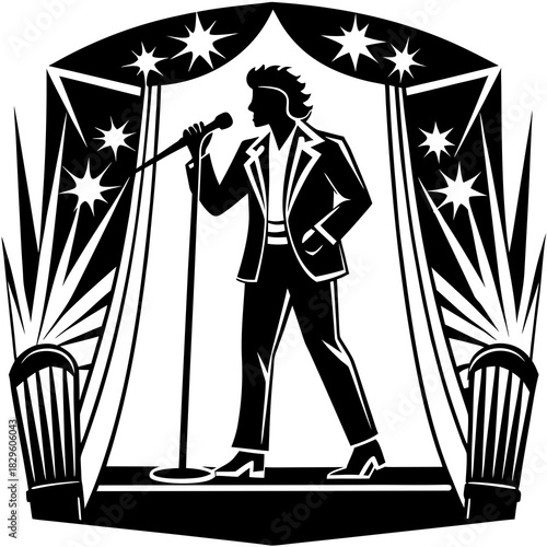 Black and white silhouette of a male singer performing on stage with a microphone and spotlight effect