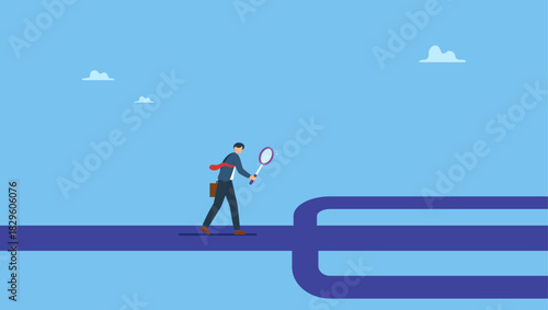Businessman analyze career path with magnifying glass. Finding career path or success route, analyze to make decision choices, discover opportunity way, directions or pathway to success.