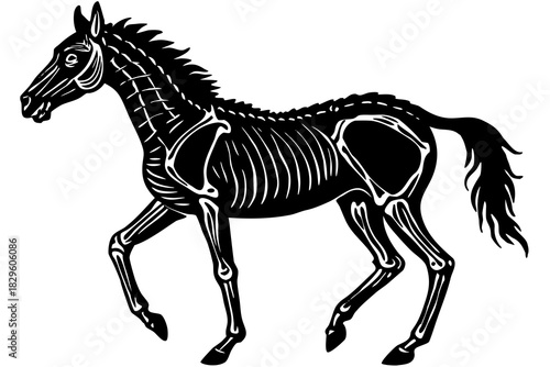 Black silhouette of a horse skeleton with white bone details on a white background animal skeleton equine skeleton