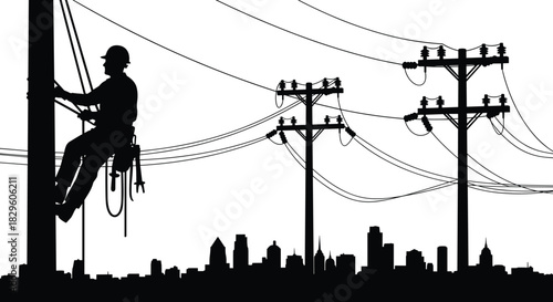 Silhouette of utility worker climbing power pole with safety gear, tools and harness, urban power lines and city skyline, vector illustration for infrastructure maintenance