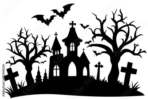 Black silhouette of a spooky graveyard with a church and bats flying halloween cemetery