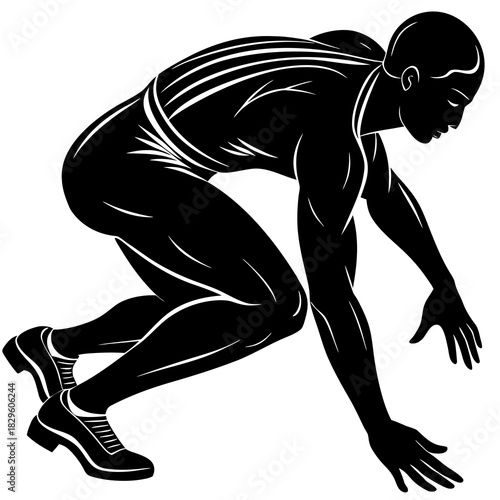 Black silhouette of a male sprinter in starting position on white background running race