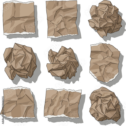 Create a kinds of deferent crumpled brown paper page with ripped edges vector art with white background..