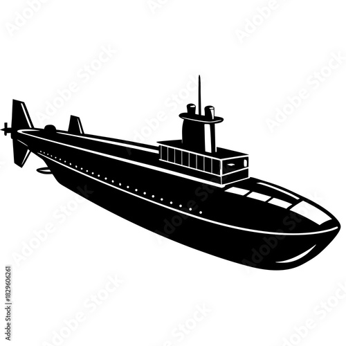 Black silhouette of a submarine with a white background submersible underwater