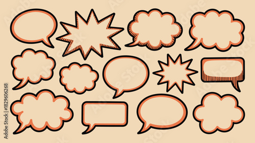 Collection of speech bubbles and thought balloons in various shapes on a light beige background