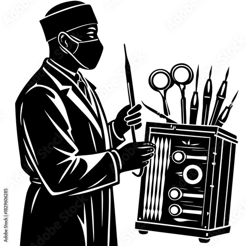 Black and white vector illustration of a surgeon in scrubs and mask holding a surgical instrument next to a tray of surgical tools
