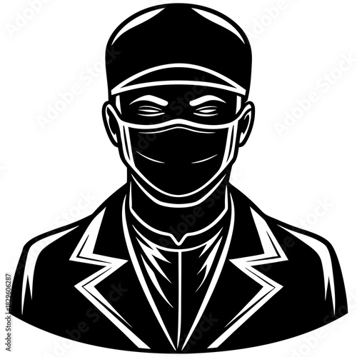 Black and white vector illustration of a surgeon wearing a surgical cap and mask medical healthcare