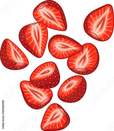 Create a kinds of deferent falling strawberry slices vector art with white background.