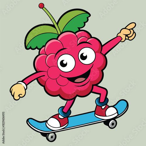 Cartoon raspberry character skateboarding with a happy expression