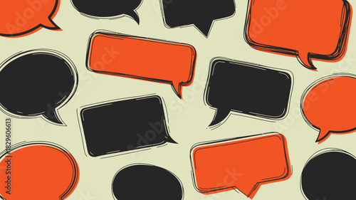 A background pattern with black and orange speech bubbles of various shapes and sizes on a light beige tone