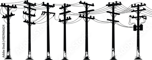 Silhouette utility poles and power lines, electrical distribution infrastructure, overhead wires and transformers, rural and urban landscape, vector illustration for engineering maintenance
