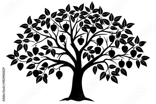 Black silhouette of a fruit tree with apples and leaves on a white background vector
