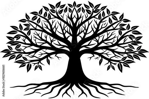 Black silhouette of a stylized tree with visible roots and leaves on a white background vector