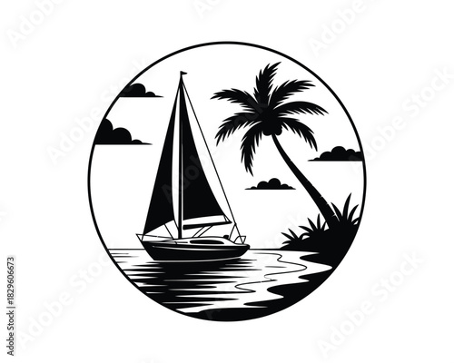 Tropical seascape vector illustration sailboat and palm tree in serene black and white circle