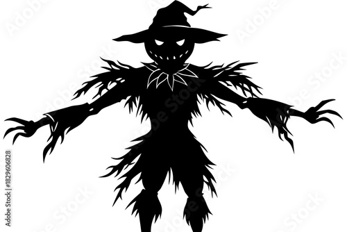 Black silhouette of a scary scarecrow with tattered clothes and a pointed hat white illustration