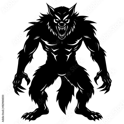 Black silhouette of a snarling werewolf with sharp teeth and claws on white background werewolf silhouette