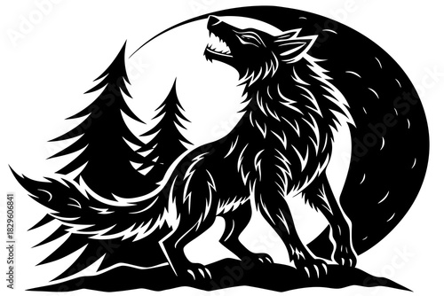 Black silhouette of a werewolf howling at a crescent moon with pine trees vector