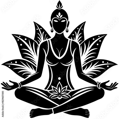 Black silhouette of a woman in lotus pose with ornate lotus flower and leaf motifs yoga meditation