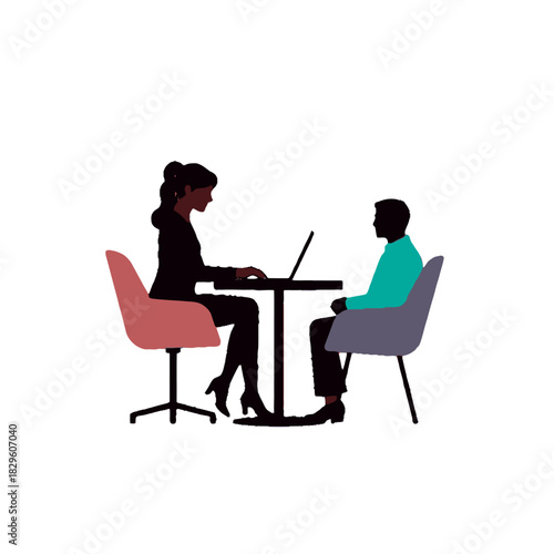 Two silhouetted individuals, a woman with a laptop and a man, engaged in a professional meeting or interview.