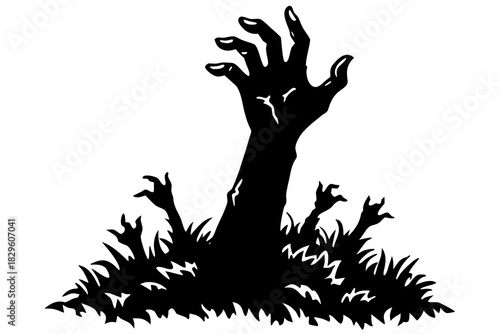 Black silhouette of a zombie hand reaching out from grass vector