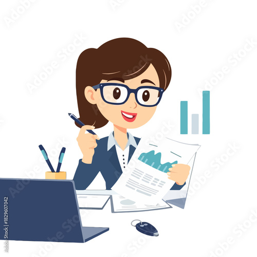 A smiling businesswoman with glasses is analyzing financial reports and data in the office.
