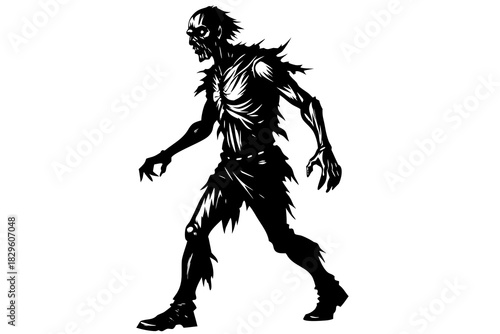 Black silhouette of a decaying zombie walking forward with tattered clothing and sharp claws white