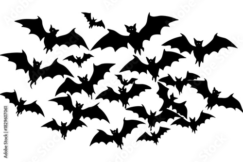 Black silhouette bats flying in a swarm against a white background vector