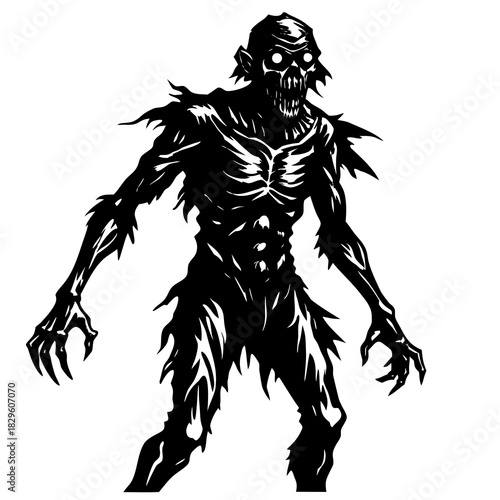 Black silhouette of a menacing zombie with tattered clothing and glowing eyes black and white horror