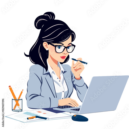 A focused businesswoman wearing glasses, working diligently on her laptop at a desk with papers and pens.