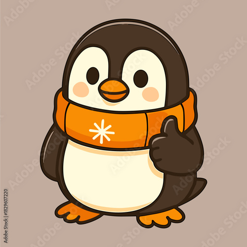 Cute cartoon penguin wearing scarf gives a thumbs-up