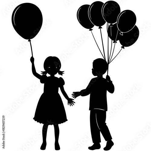 Black silhouette of a girl holding one balloon and a boy holding a bunch of balloons children