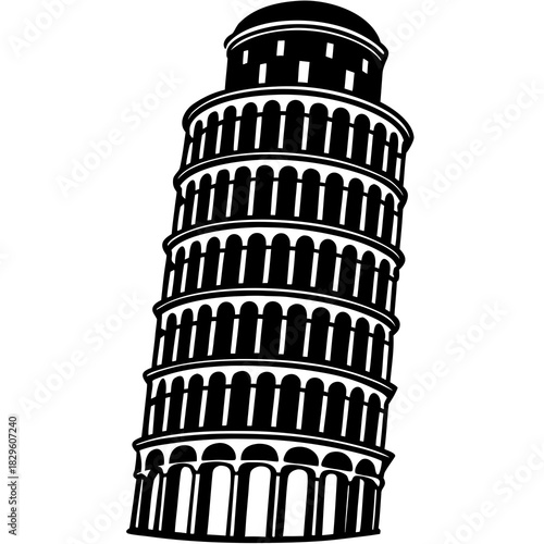 Black and white silhouette of the Leaning Tower of Pisa with arched windows and a domed top Italy landmark